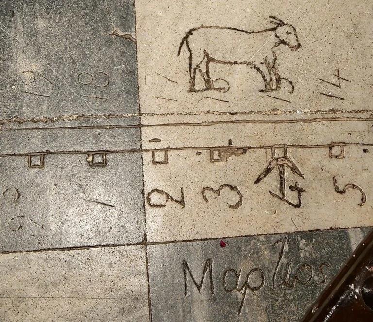 Marble solar calendar inside Agia Paraskevi, with carved numbers and zodiac markings