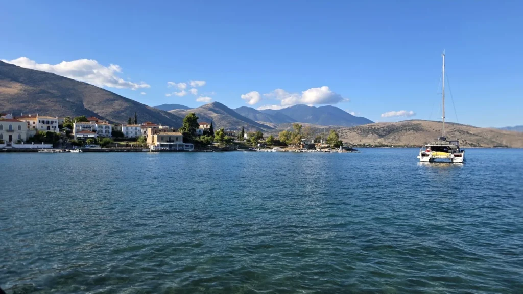 Sailing catamaran seen from Pera Panta, Galaxidi