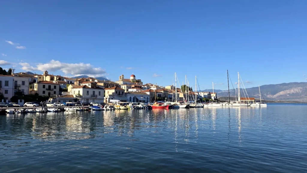 Galaxidi's main harbour, sailing yachts and traditional waterfront houses