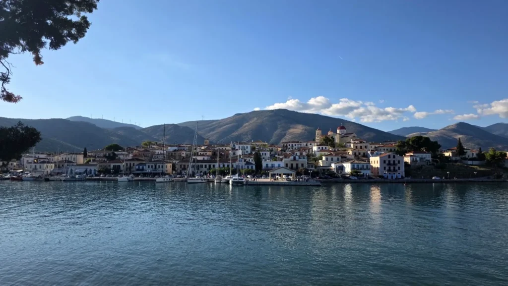 Panoramic view of Galaxidi's waterfront across the water