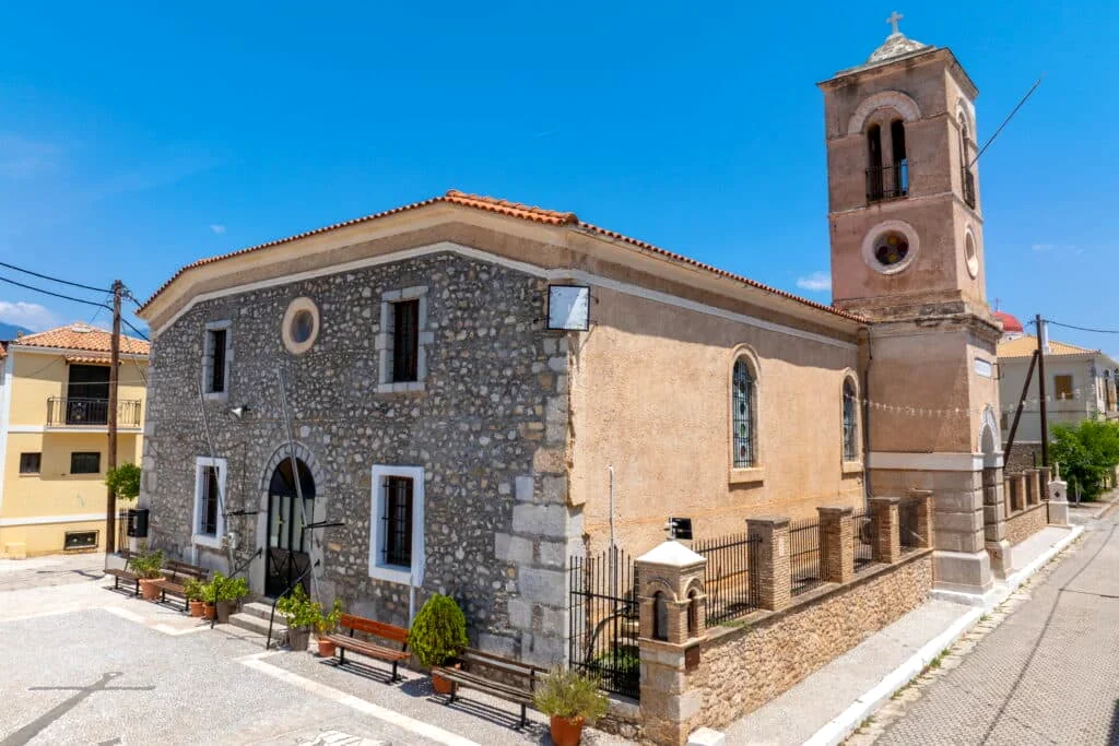 Agia Paraskevi Church in Galaxidi with stone walls and tiled roof