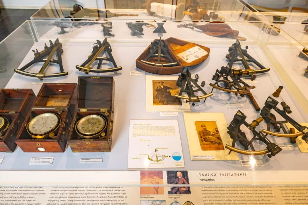 Historic sextants and chronometers displayed in the Galaxidi Nautical Museum