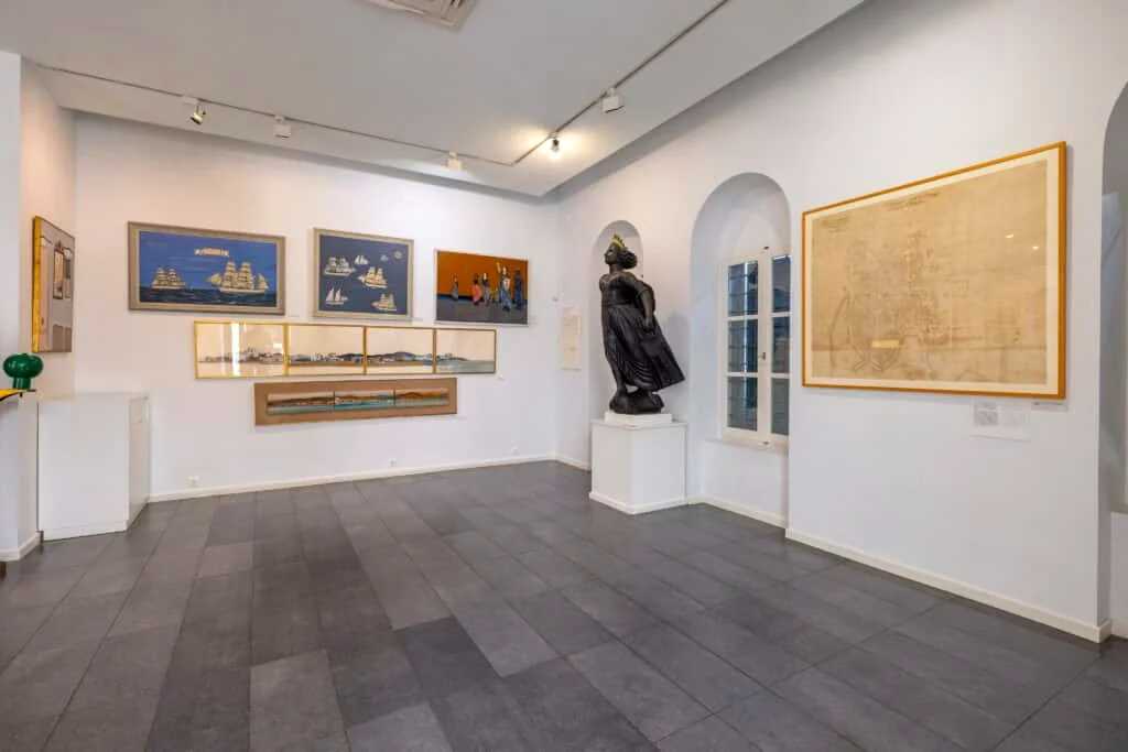 Ship portraits and historic maritime artwork in the Galaxidi museum