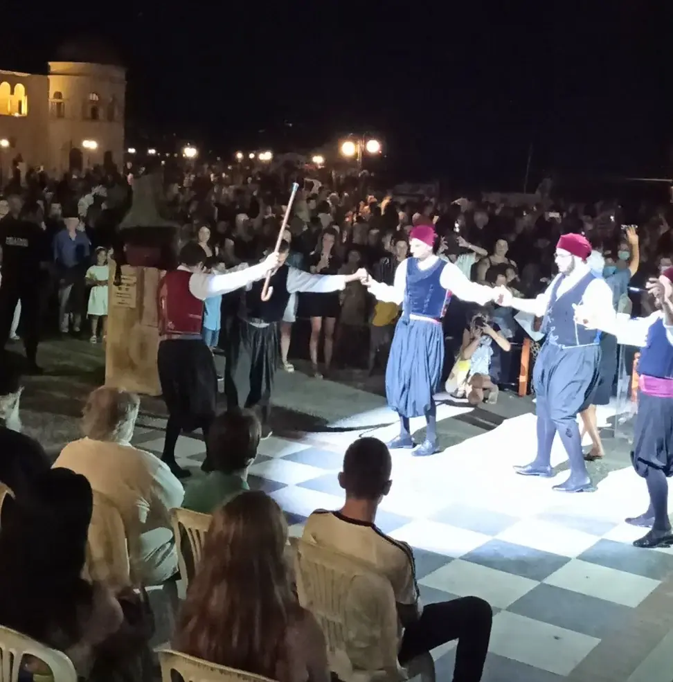 Dancers performing the traditional Dance of the Mechanic during an evening celebration on Kalymnos, Intangible Cultural Heritage in Greece