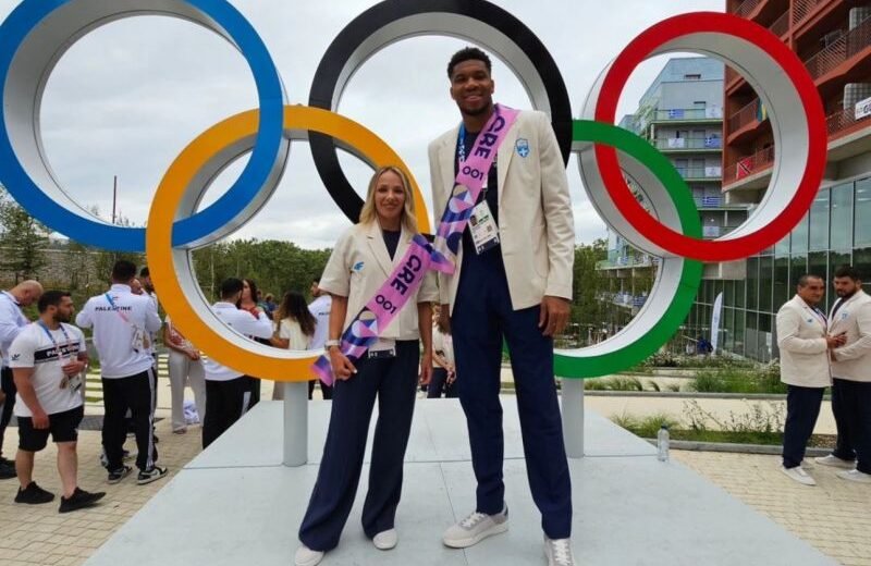 Giannis Antetokounmpo and Antigoni Drisbioti proudly represented Greece as flag bearers for the 2024 Olympic Games in Paris. Photo Creidit: Hellenic Olympic Committee via LinkedIn