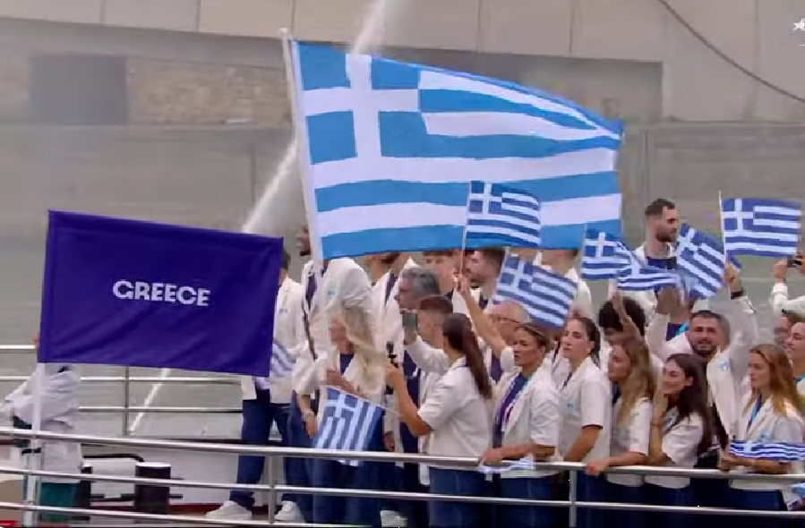 Team Greece aboard leading the parade along the Seine.