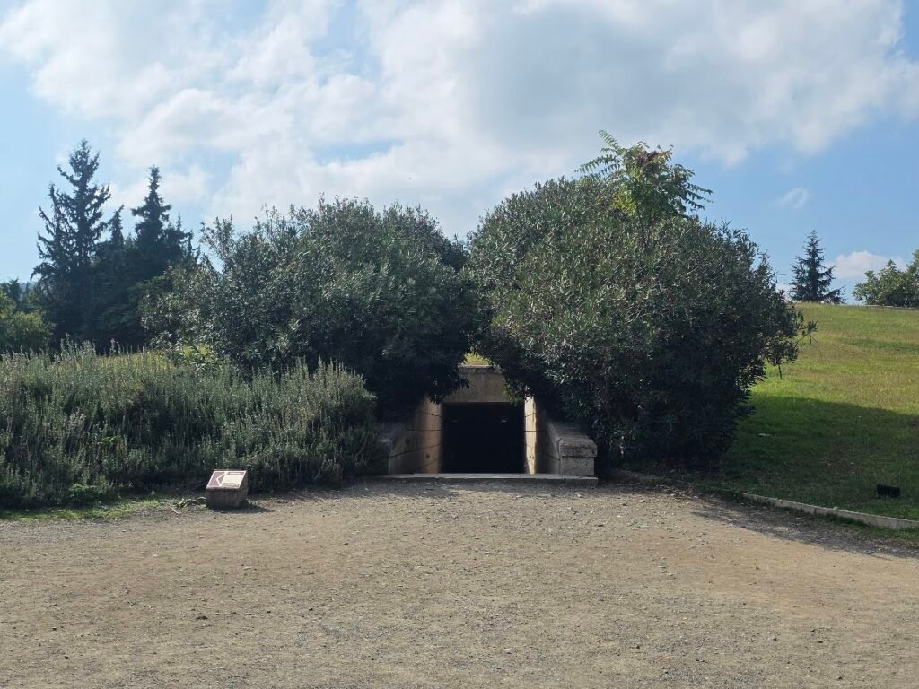 Entrance to the Museum of the Royal Tombs of Aigai built into a mound, preserving the tumuli in situ. Expats Athens, Expats Greece, Xpat.gr