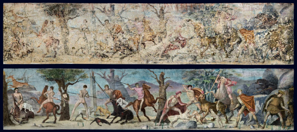 Close-up of the Hunt Frieze adorning the façade of Philip II’s tomb, depicting a dynamic hunting scene (photo credit: Christos Simatos). Below: A digital reconstruction of the frieze from the ReVis project, using multispectral imaging and historical analysis to reveal its original colors and details (photo credit: Charikleia Brecoulaki, Christos Simatos). Scholars debate whether the bearded rider represents Philip II and the youthful rider Alexander the Great, or whether the figures symbolize broader ideals of Macedonian kingship—bravery, leadership, and royal authority. Museum of the Royal Tombs of Aigai, Expats Athens, Expats Greece, Xpat.gr