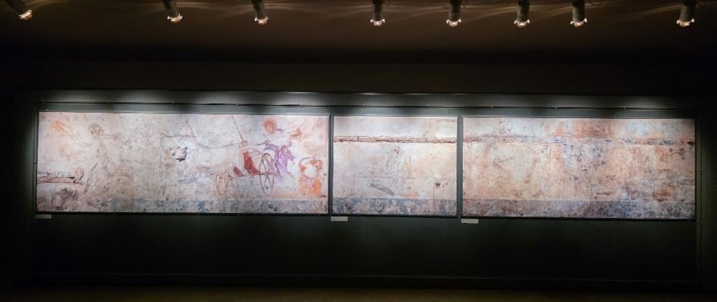 Fresco from Tomb I showing Hades abducting Persephone, with Hermes and seated Demeter, Museum of the Royal Tombs of Aigai. Expats Athens, Expats Greece, Xpat.gr