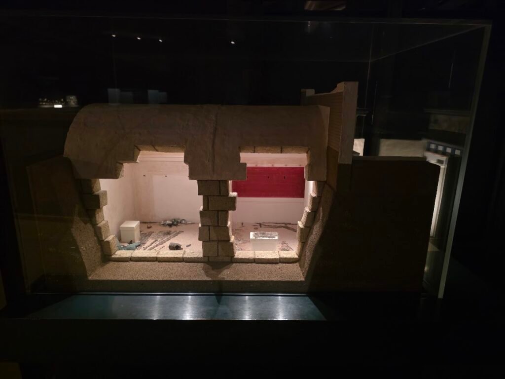 Scale model of the Tomb of Philip II of Macedon, showing the main chamber with Philip’s golden larnax and oak wreath, and the antechamber with his wife’s larnax and golden diadem. Museum of the Royal Tombs of Aigai, Expats Athens, Expats Greece, Xpat.gr