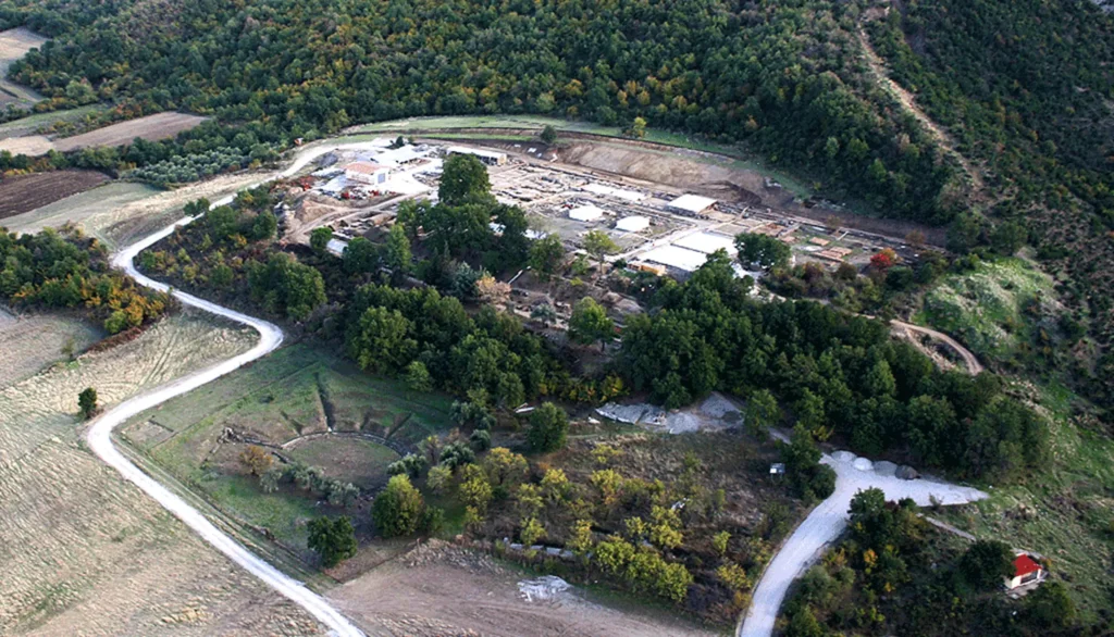 Aerial view of the archaeological site of Aigai showing the palace and theatre in Vergina, ancient capital of the Macedonians. Expats Athens, Expats Greece, Xpat.gr