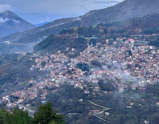View of Metsovo’s mountain architecture set against alpine landscapes.