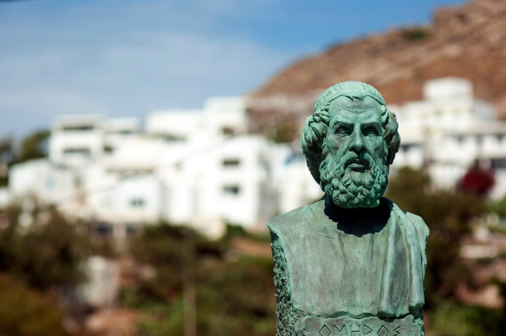 Orichalc bronze bust of Homer at the port of Ios