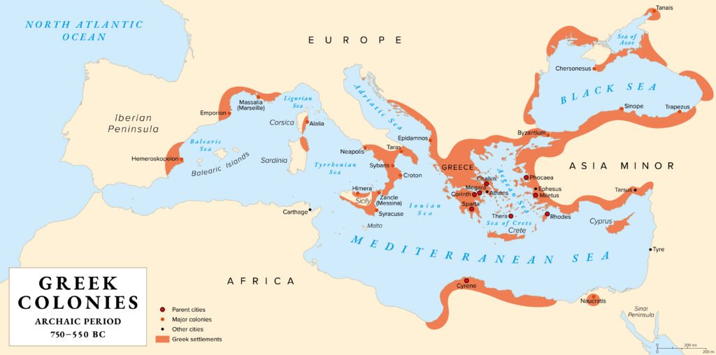 Ancient Greek colonies and parent cities, history map. Greek colonization during the Archaic period, 750 to 550 BC, across the Mediterranean Sea and the Black Sea. Areas and settlements. Illustration