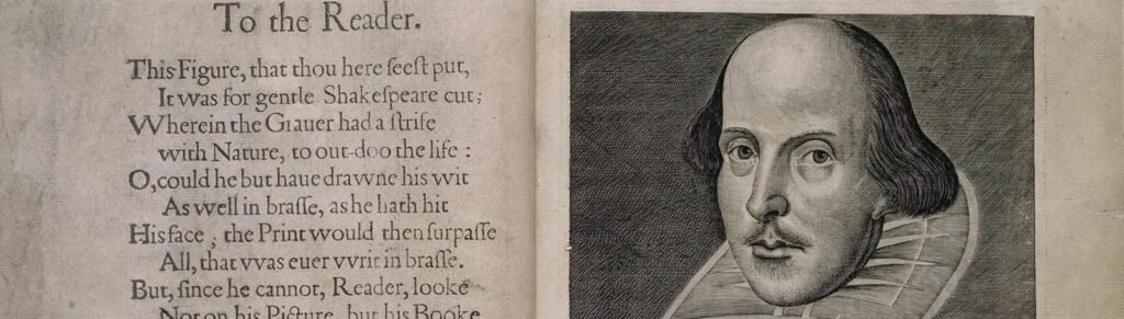 The famous portrait of William Shakespeare from the First Folio. British Library