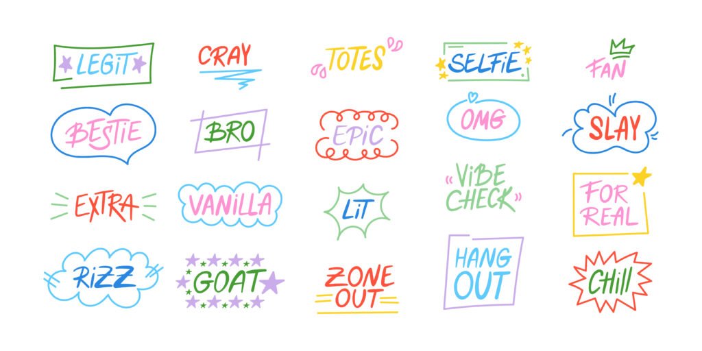 Illustration featuring modern English slang terms such as “selfie”, “GOAT”, “rizz”, “slay” and “vibe check”.