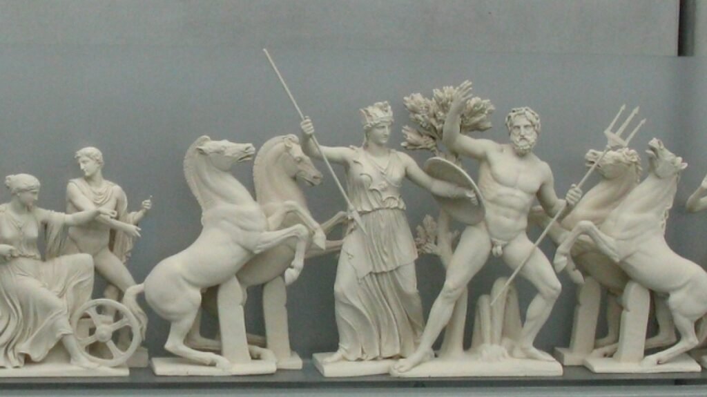 Reconstruction of the west pediment of the Parthenon showing Athena and Poseidon competing for the patronage of Athens, Acropolis Museum.