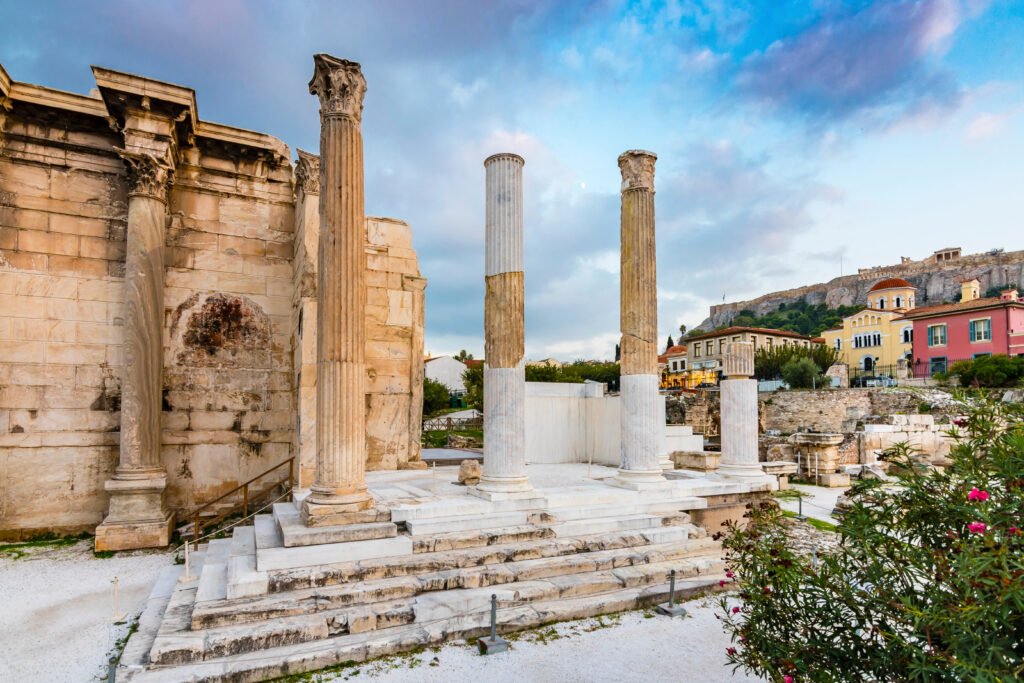 Hadrian's Library in central Athens with the Acropolis visible in the background.
