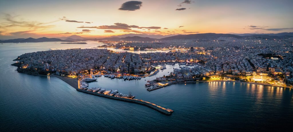 An aerial view of Piraeus at sunset, Greece