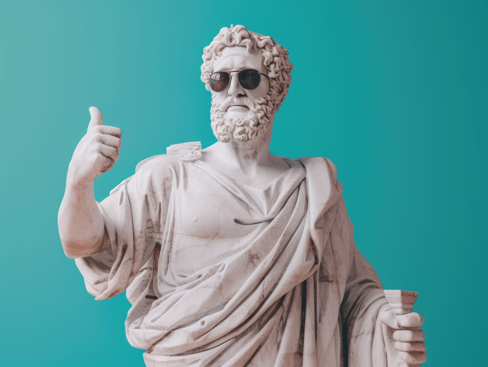 Ancient Greek philosopher statue wearing sunglasses, symbolising Greek culture and communication.