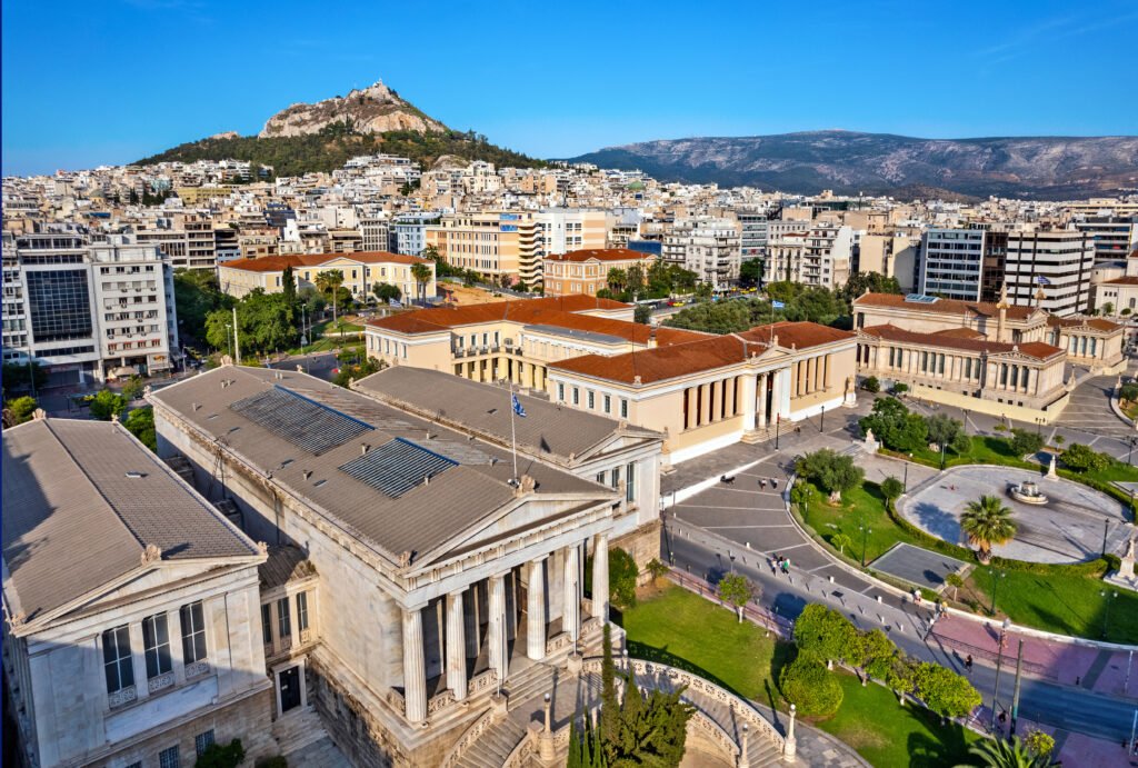 Aerial Photo of the Athenian Trilogy—comprising the University of Athens, the Academy of Athens and the National Library