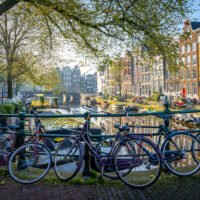 Bicycles beside a canal in Amsterdam, the Netherlands