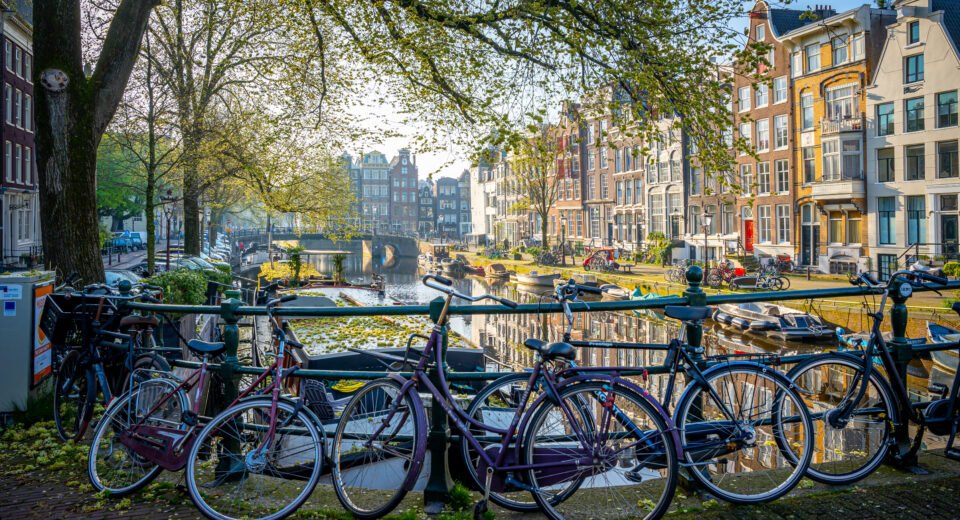 Bicycles beside a canal in Amsterdam, the Netherlands