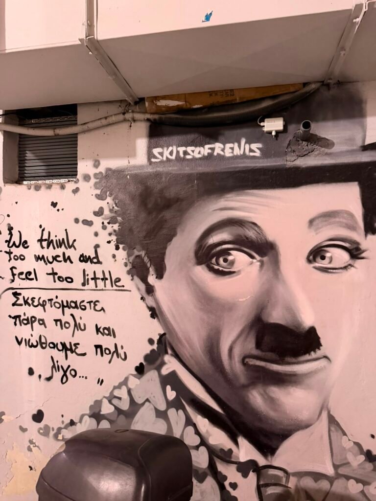 A Charlie Chaplin mural by Kalamata-based street artist Costas Luzis (Skitsofrenis), on Benaki Street in the city’s historic centre