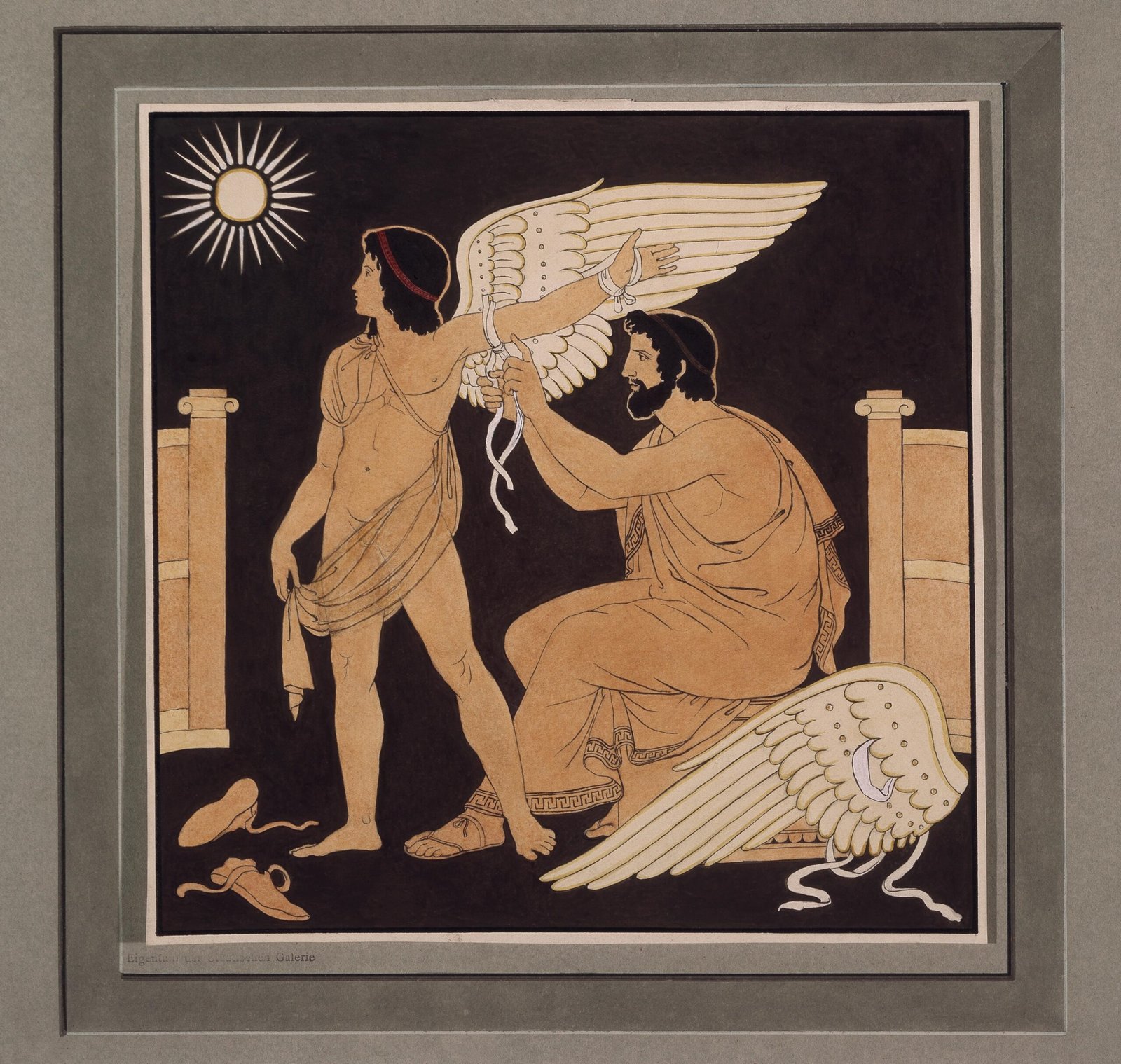 Daedalus preparing Icarus for flight