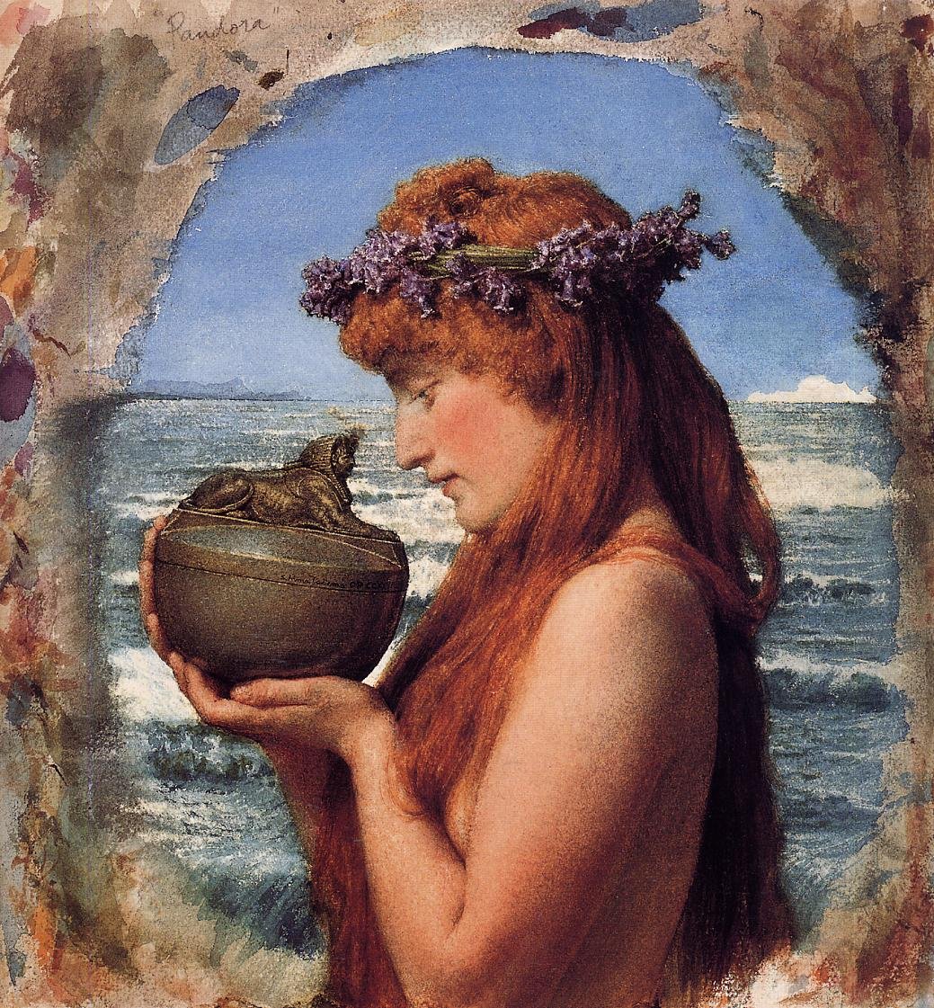 Pandora holding a sealed jar in a painting by Lawrence Alma-Tadema