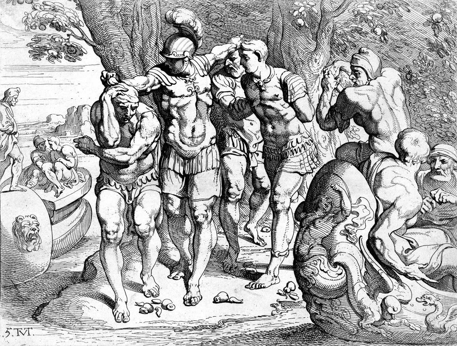 Odysseus among the Lotus-Eaters in a seventeenth-century engraving