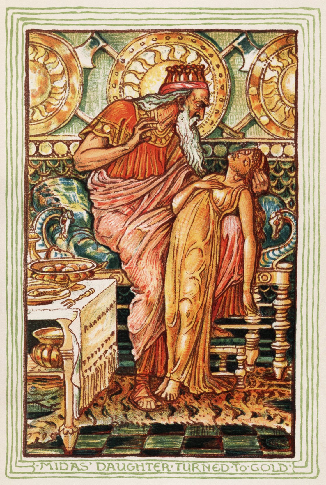 King Midas turning his daughter into gold in an illustration by Walter Crane