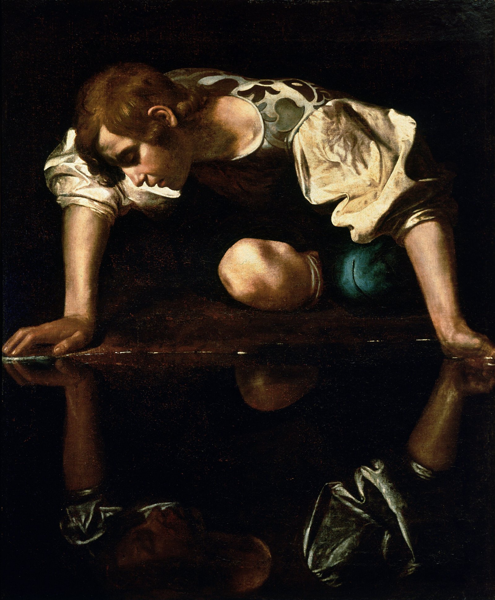 Narcissus looking at his reflection in a painting by Caravaggio