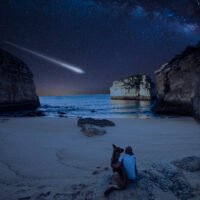 Person and dog watching a bright meteor from a secluded beach beneath the Milky Way.