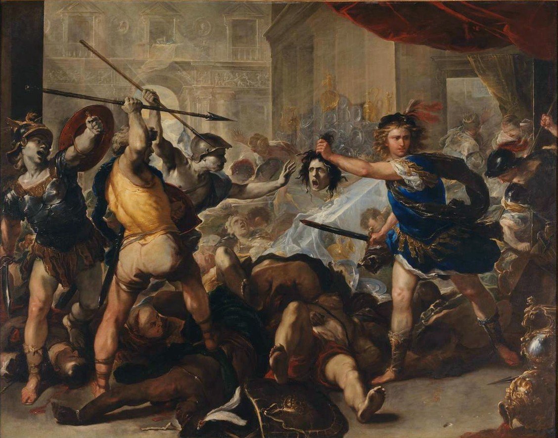 Perseus holding up Medusa’s head as Phineus and his followers turn to stone in a painting by Luca Giordano