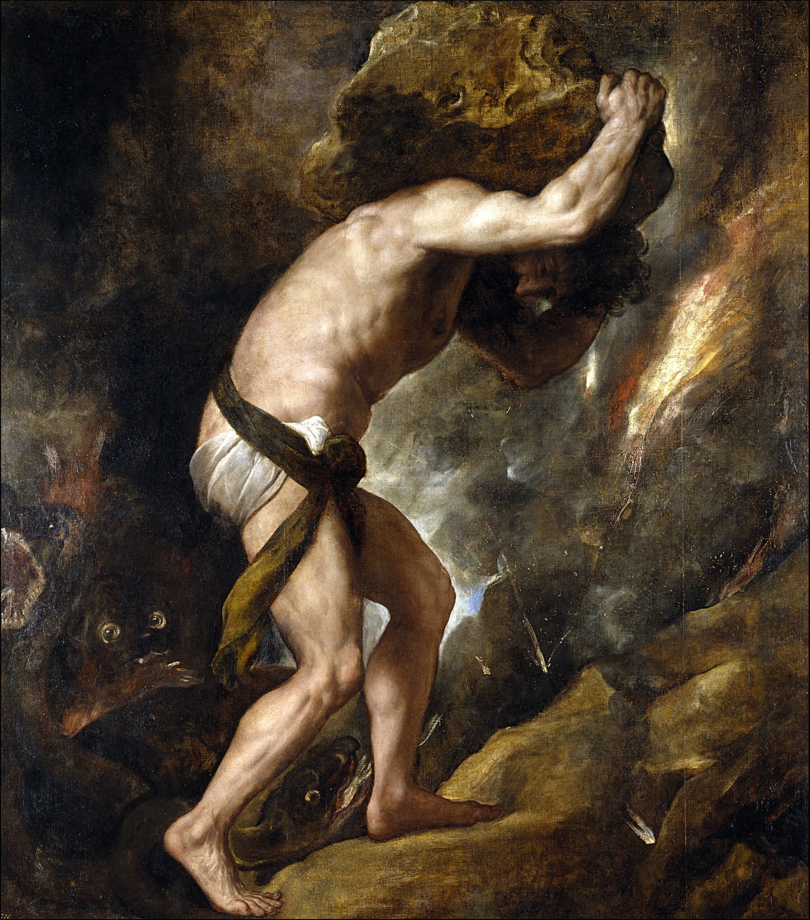 Sisyphus pushing a boulder uphill in a painting by Titian