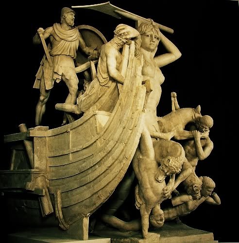 The Scylla sculpture group showing the monster attacking the ship of Odysseus