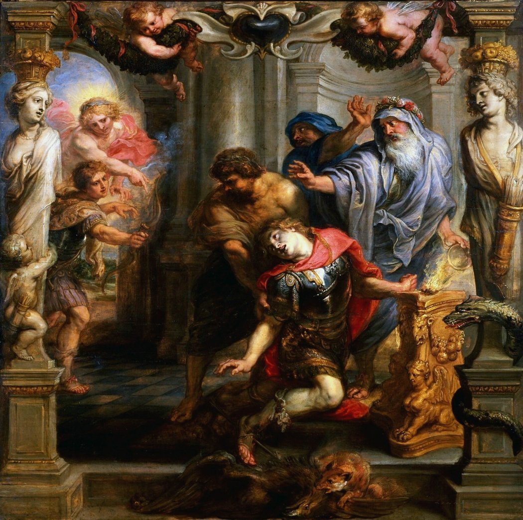 The death of Achilles in a classical painting