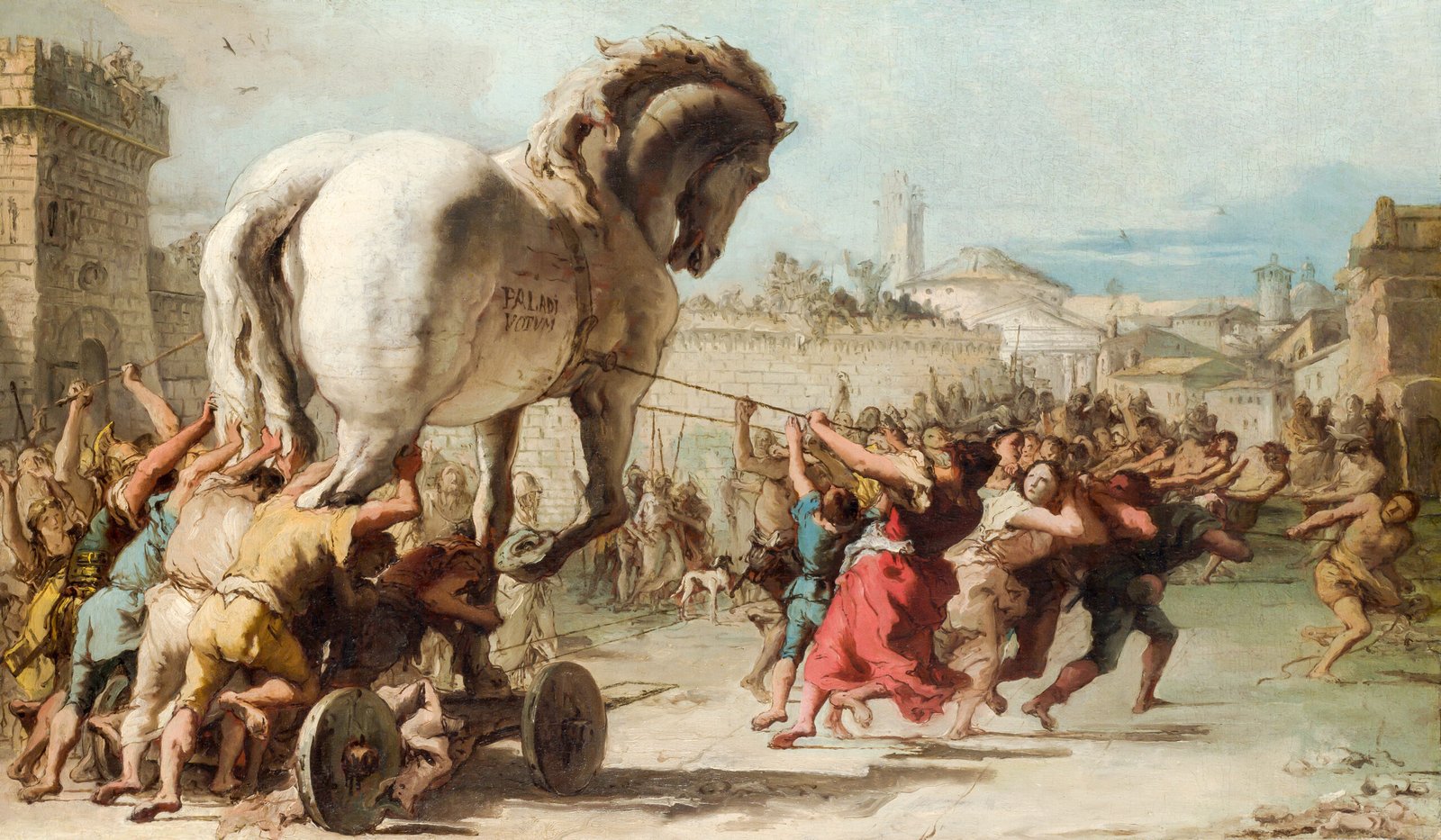 The wooden Trojan Horse entering Troy in a painting by Giovanni Domenico Tiepolo