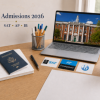 U.S. admissions 2026 study desk with laptop, passport, SAT, AP and IB cards for students in Greece.