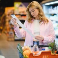 Woman checking a long supermarket receipt while shopping for groceries in Greece.