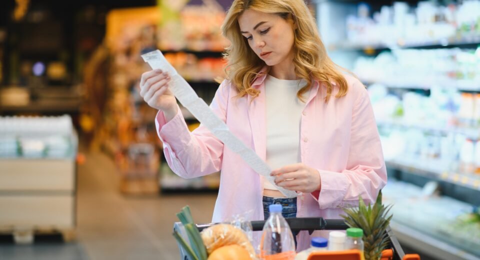 Woman checking a long supermarket receipt while shopping for groceries in Greece.