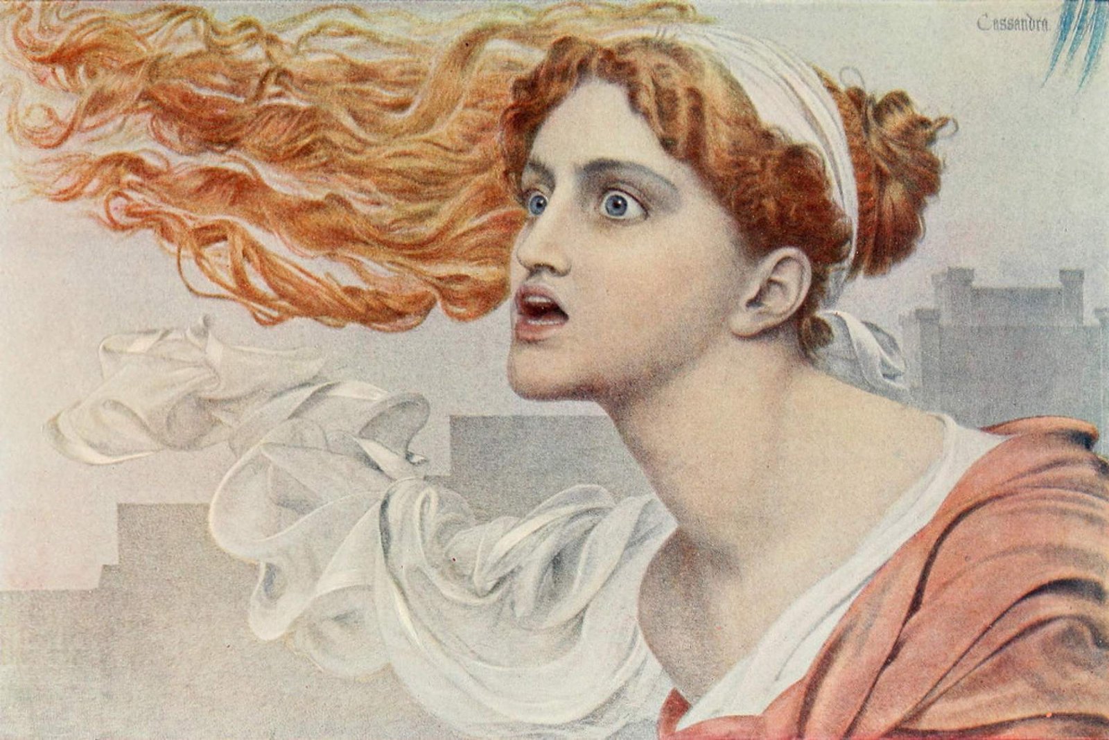 Cassandra calling out her prophecies in a painting by Frederick Sandys