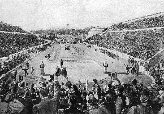 Spyridon Louis enters the Panathenaic Stadium during the first Olympic marathon in Athens in 1896