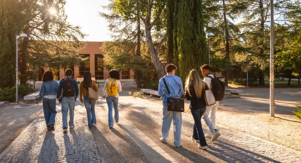 University students with backpacks walking together across a campus