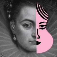 Classical chamber music artwork featuring a historical female portrait and a contemporary pink face illustration