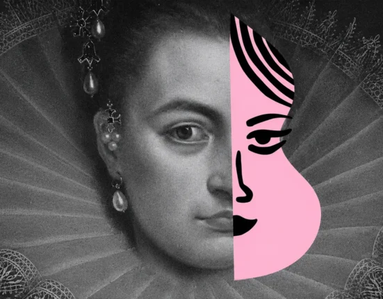 Classical chamber music artwork featuring a historical female portrait and a contemporary pink face illustration