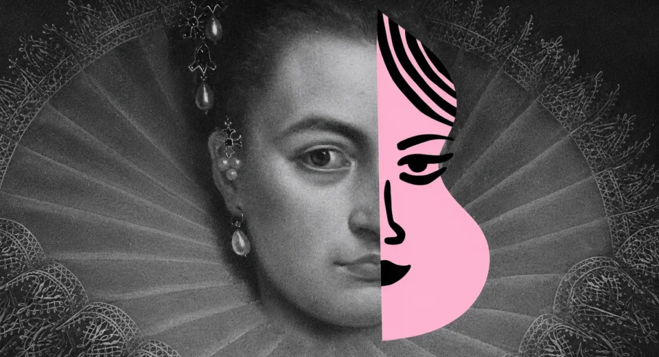 Classical chamber music artwork featuring a historical female portrait and a contemporary pink face illustration