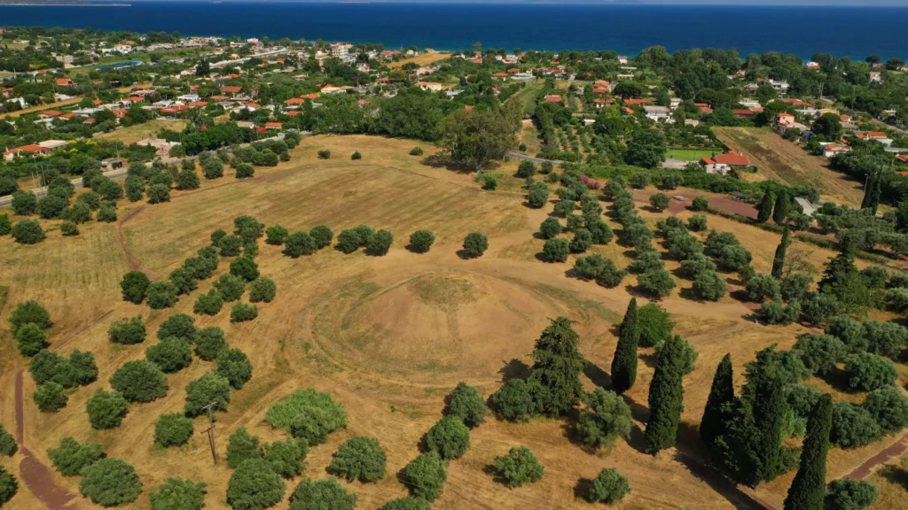 Aerial view of the Marathon Tomb and surrounding plain in Marathon, Attica