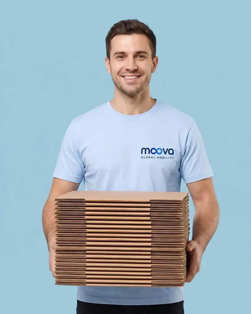 MOOVA moving professional holding a stack of flat packing boxes